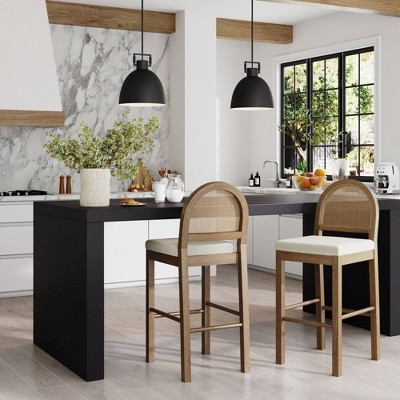 Bailey Light Brown Wood and Rattan Bar Stools, Set of 2