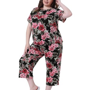 Agnes Orinda Women's Plus Size 2 Pcs Crew Collar Short Sleeve Floral Pattern Spring Soft Pajama Sets - 1 of 4