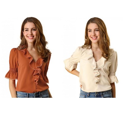 Allegra K Women's Ruffle V Neck Puff Sleeve Summer Casual Chiffon Peasant Top 2 Packs