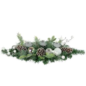 Northlight 32" Green Pine Triple Candle Holder with Berries and Iridescent Christmas Ornaments