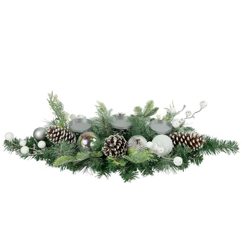 Northlight 32" Green Pine Triple Candle Holder with Berries and Iridescent Christmas Ornaments, 1 of 6