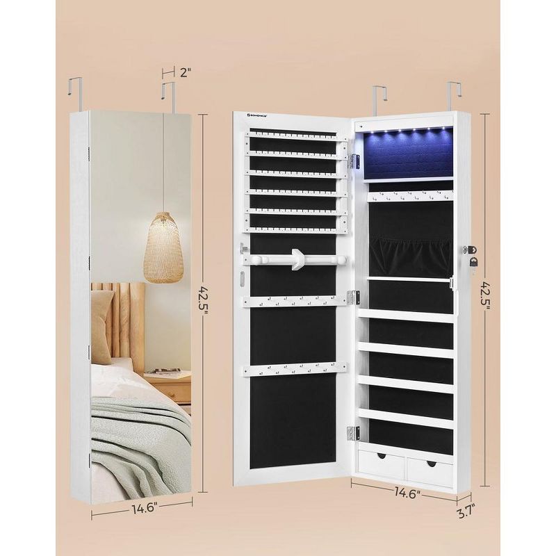 SONGMICS Hanging Mirror Jewelry Cabinet Wall/Door Mounted Jewelry Armoires with LED Interior Lights Jewelry Organizer Box Holder, 5 of 8