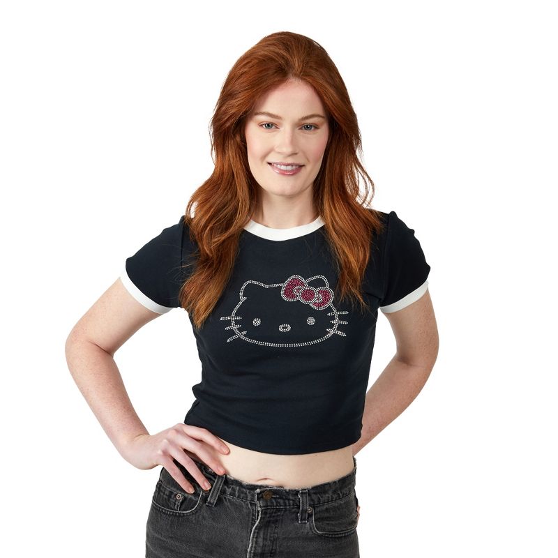 Hello Kitty Character Face Outline Crew Neck Short Sleeve Black Women's Crop Top Baby Tee, 2 of 5