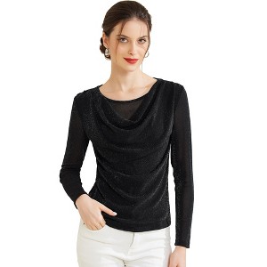 Allegra K Women's Ruched Cowl Neck Long Sleeves Glitter Praty Club Top - 1 of 4