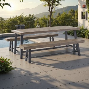 Rustic 3-Piece Outdoor Patio Picnic Dining Set with 2 Benches, Acacia Wood and Iron Frame - 1 of 4