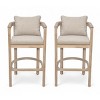 Set of 2 Outdoor Wooden Bar Stools with Armrests and Backrests, Light Natural Frame and Cushions, Patio Chairs for Balcony or Garden-The Pop Home - 2 of 4
