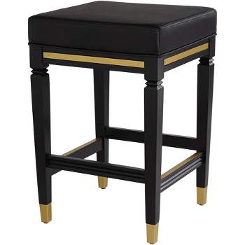 55 Downing Street Wood Bar Stool Black Gold 26" High Mid Century Modern Faux Leather Square Cushion with Footrest for Kitchen Counter Height Island