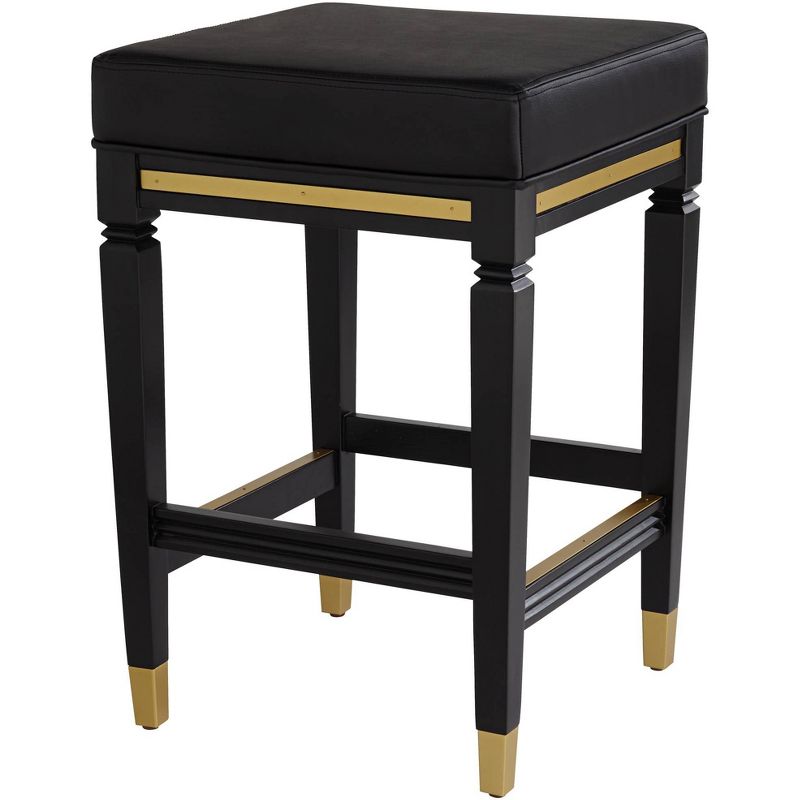 55 Downing Street Wood Bar Stool Black Gold 26" High Mid Century Modern Faux Leather Square Cushion with Footrest for Kitchen Counter Height Island, 1 of 9