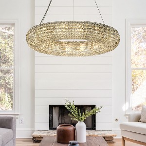 ALOADECOR Unique/Statement Soft Gold Wagon Wheel Chandelier With Crystal Beads Accents - 1 of 4