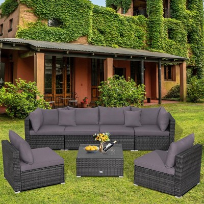 Tangkula 7PCS Patio Rattan Sectional Sofa Set Outdoor Furniture Set w/ Cushions