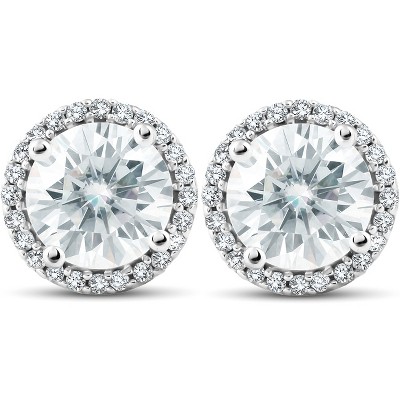 Pompeii3 2 1/5 Ct Diamond Halo Moissanite Studs 10k White Gold