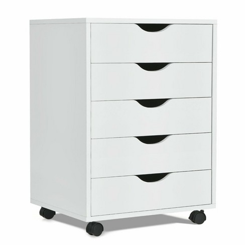 5 Drawers Chest, Wood Storage Dresser with Wheels, Craft Storage Organizer and Storage Drawer Office Drawer Unit - White