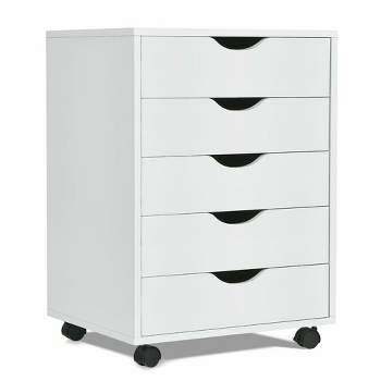 Costway 5 Drawer Dresser Storage Cabinet Chest w/Wheels for Home Office White
