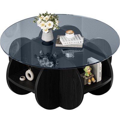 Dolorm 31.5 " 2-Tier Circular Coffee Table, Tempered Glass Coffee Table, Wooden MDF Frame, with 4 Open Compartments,for in the Living Room