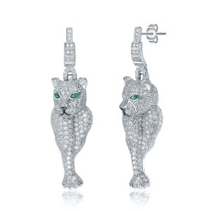 Guili Panther Eyes Sterling Silver White Gold Plated with Emerald Eyes Cubic Zirconia Panther Dangle Earrings for a Bold Fierce Appeal - 1 of 2