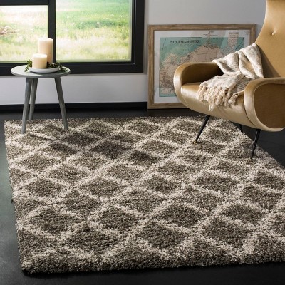 Ivory and Grey Geometric High Pile Shag Area Rug