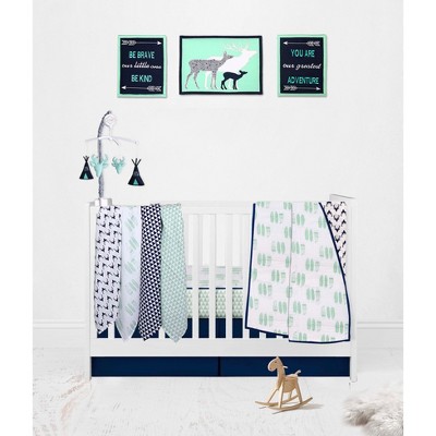 Bacati - Boys Noah Muslin Mint Navy 10 pc Crib Bedding Set with 4 Swaddling Blankets