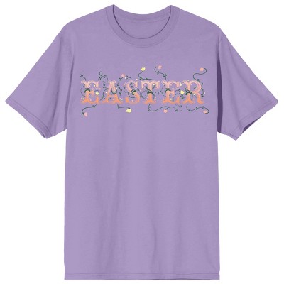 Soft Petal Easter Fairy Tale Font with Foliage Women's Lavander Short Sleeve Crew Neck Tee