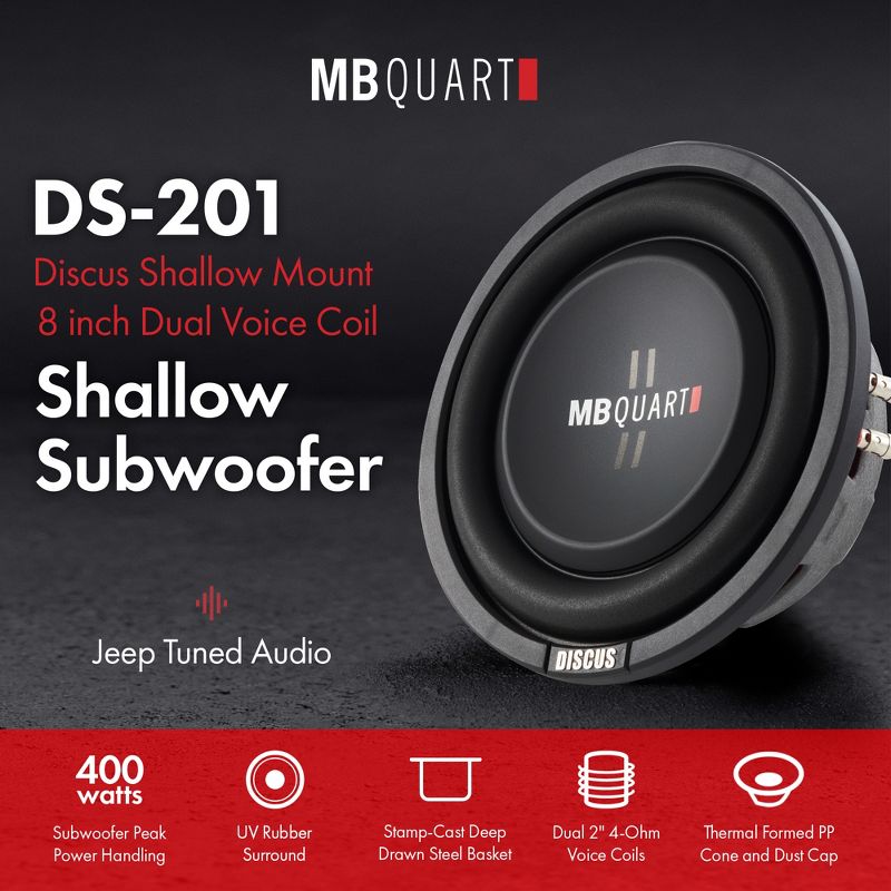 MB Quart DS1-204 8 Inch 400 Watt MAX 200 Watt RMS 4 Ohm Dual Voice Coil, Shallow Slim Subwoofer for Car Audio Sound System, Single Speaker, 2 of 7