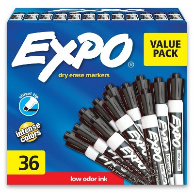 Expo 36ct Lo Odor Markers Chisel Black: Bold Dry Erase Whiteboard Markers Bulk for Office & Art