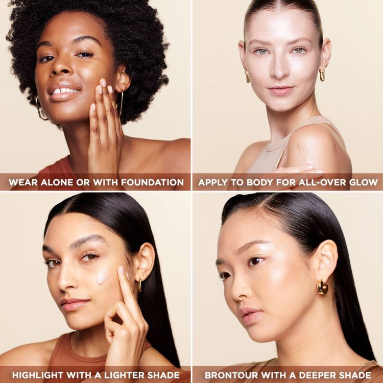 Four images showing different uses of highlighter with text: "Wear alone or with foundation," "Apply to body for all-over glow," "Highlight with a lighter shade," and "Brontour with a deeper shade."