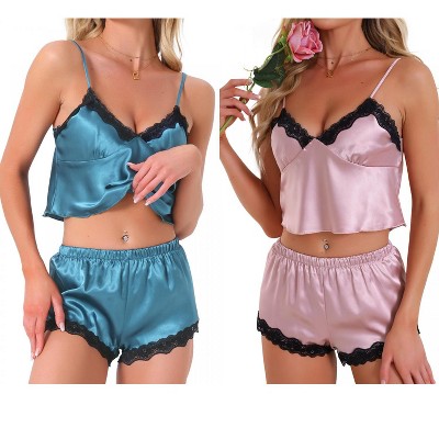 INSPIRE CHIC Women's 4 Pcs Loungewear Satin Lace Sleeveless Spaghetti-Strap Removable Pad Cami & Shorts Pajama Set
