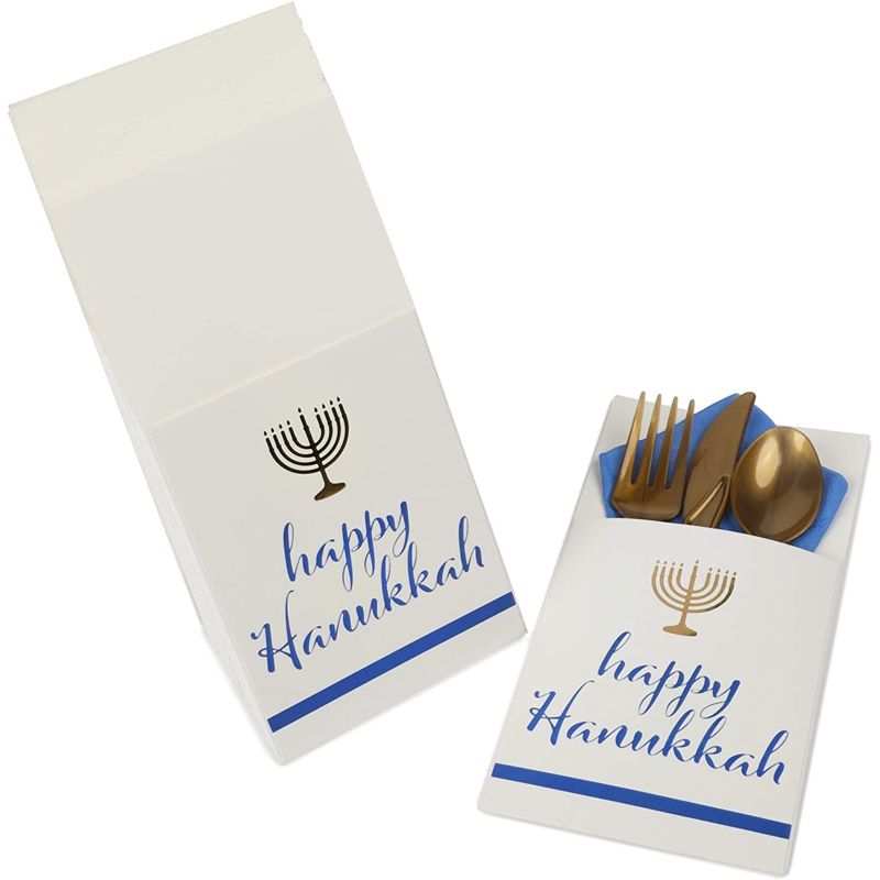 Sparkle and Bash 36 Pack Happy Hanukkah Silverware Cutlery Holders, Chanukah Utensil Paper Pouch Bag for Party Table Decorations, 3 of 8