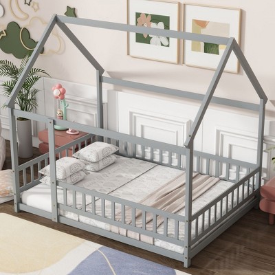 NicBex Twin/Full Size House Bed Frame,Toddler Floor Platform Bed with Roof Frame and Guardrails,Montessori Floor Bed for Kids,Adults,Teens