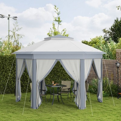 Gray Steel Hexagonal Pop-Up Gazebo with Mesh Netting