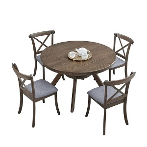 Oversart Wooden Dining Table Set, Mid Century Modern Round Rubber Wood Kitchen Table and Upholstered Dining Chairs - 1 of 4