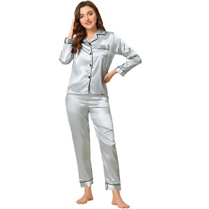 Allegra K Women's Satin Button Down Sleepshirt with Pants Sleepwear Pajama Set - 1 of 4