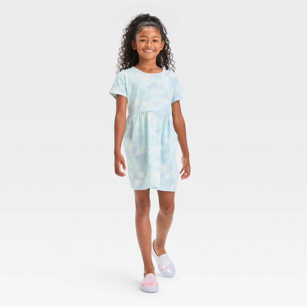 Girls' Relaxed Fit Short Sleeve Tie-Dye Dress - Cat & Jack™ Aqua Blue M