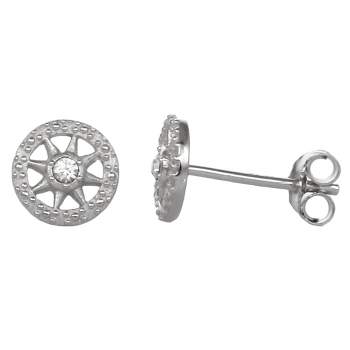 FAO Schwarz Sterling Silver Round Stud Earrings with Crystal Stone Accent