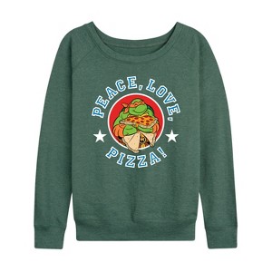 Women's - Teenage Mutant Ninja Turtles - Peace Love Pizza Lightweight French Terry Wide Neck Long Sleeve Shirt - 1 of 4