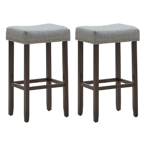 Costway Set of 2 Nailhead Saddle Bar Stools 29.5'' Height w/ Fabric Seat & Wood Legs GrayBeige - 1 of 4