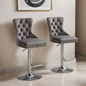 Thick Chrome Swivel Velvet Barstools,Adjustable 25-33"Height,Modern Upholstered with17.7" Base,Tufted Buttons&Diamond Pleating - Leovsnove - 1 of 4