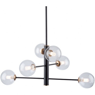 Matte Black and Brass Sputnik Chandelier with Clear Glass Shades