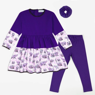 The Pink Picket Fence Lulu Hippo Twirl Dress Set for Girls – Cotton Long Sleeve Dress with Matching Leggings & Scrunchie – Hippo Print