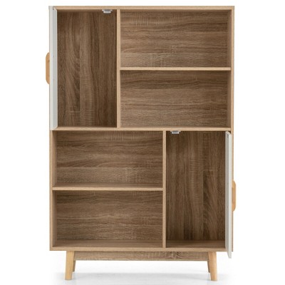White and Natural Wood Kids Storage Cabinet with Doors