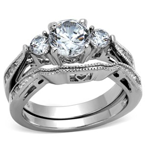 Slickblue Women’s Three-Stone Ring Set, Silver, Round CZ, Wavy Band Design, Polished Stainless Steel, Sizes 5-11 - 1 of 4