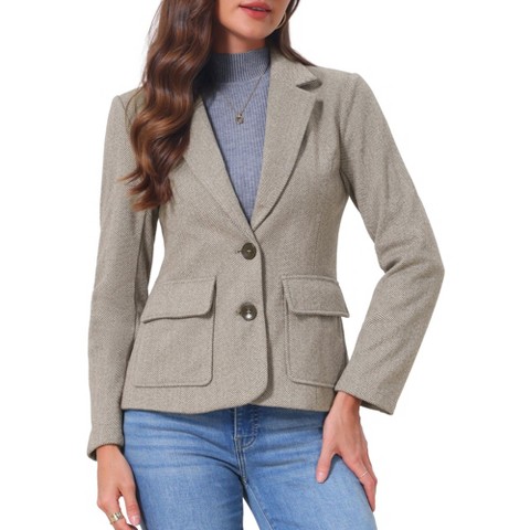 Женские пиджаки INSPIRE CHIC Women's Herringbone Tweed Long Sleeve Business Casual Blazers with Pockets Medium Brown