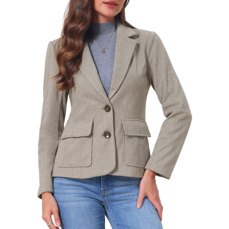 INSPIRE CHIC Women's Herringbone Tweed Long Sleeve Business Casual Blazers with Pockets Small Brown