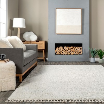Ivory Rectangular Braided Shag Area Rug with Tassels