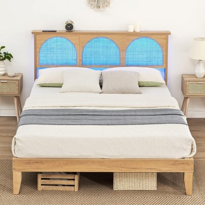 Garvee Two Size Bed Frame with Natural Rattan Headboard and LED Lights, Mattress Foundation, Noise-Free, No Box Spring Needed, Easy Assembly, Oak