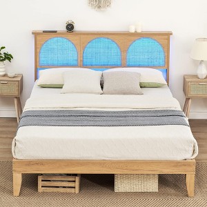 Garvee Two Size Bed Frame with Natural Rattan Headboard and LED Lights, Mattress Foundation, Noise-Free, No Box Spring Needed, Easy Assembly, Oak - 1 of 4