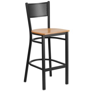 Emma and Oliver Black Metal Grid Back Barstool, Natural Wood Seat - 1 of 4