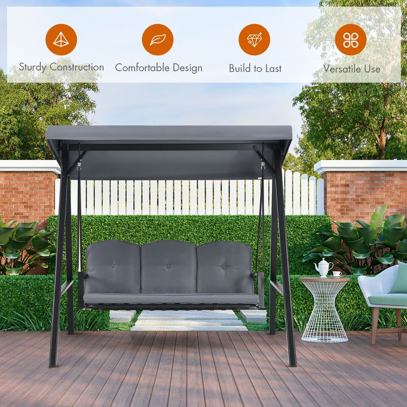 Costway Outdoor 3-Seat Porch Swing with Adjust Canopy and Cushions Gray\Brown, 4 of 11