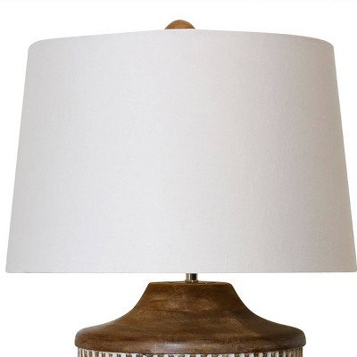 Natural and White Carved Wood Table Lamp with Cotton Shade