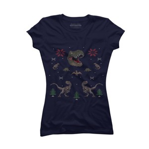 Junior's Design By Humans Ugly Dino Christmas Sweater By AnotheHero T-Shirt - 1 of 3