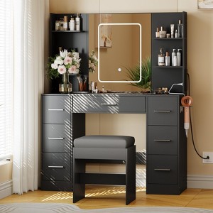 Vanity Desk with Lights, Makeup Vanity with Mirror and Chair, Power Outlet, Hair Dryer Rack, 7 Drawers, 3 Lighting Modes Brightness - 1 of 4